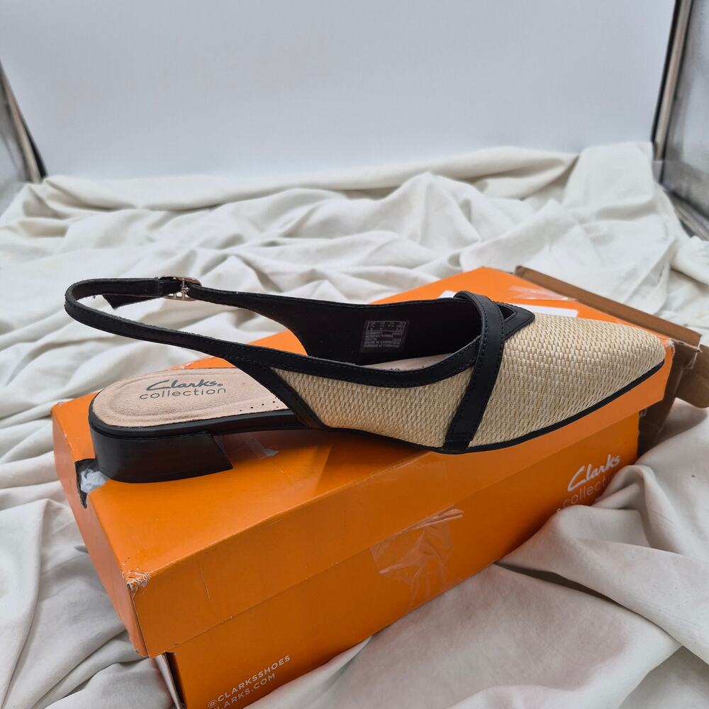 NEW Clarks Natalyn Sling Pointed Toe Flats Natural Raffia & Black women SZ 10 W - Picture 6 of 10